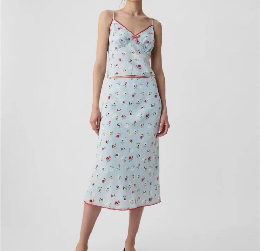 Gap x DÔEN Floral midi Skirt tank set Blue Pansy Print Red Hem Womens L NWOT